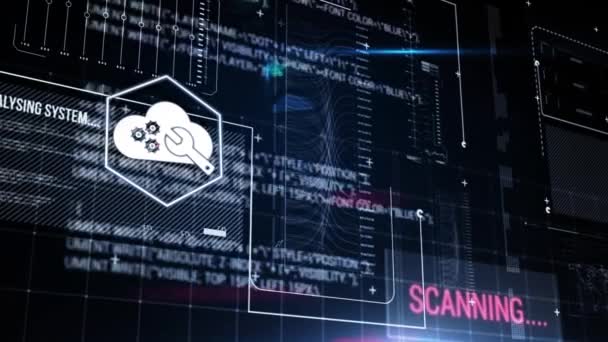 Animation du réseau d'icônes connectées, statistiques et traitement de données avec interface numérique sur fond noir. Interface informatique numérique concept de communication et de connexion image générée numériquement .