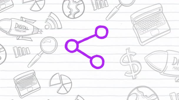 背景に白紙に複数の手描きのアイコンが描かれたマーカーで描かれた紫色の共有アイコンの手のアニメーション デジタルコンピュータインタフェースとネットワーク通信の概念デジタル生成された画像 — ストック動画