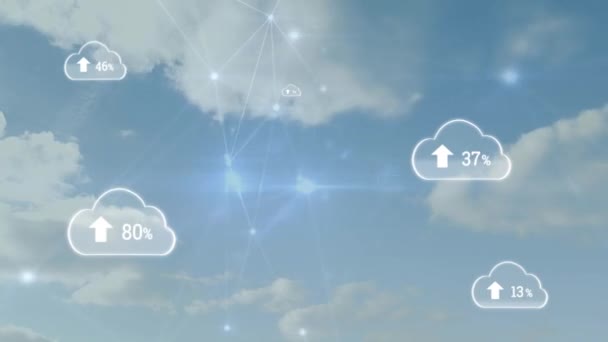 背景に青い空を背景に雲の上を移動する接続のネットワークとゼロから100に増加する の雲のアニメーション クラウドコンピューティングのグローバル技術ネットワーキングの概念デジタル生成画像 — ストック動画