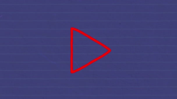 青い線の紙にマーカーで描かれた赤い輪郭の遊びボタンのアイコンの手のアニメーション グローバルデジタル通信とソーシャルネットワークの概念デジタル複合体 — ストック動画