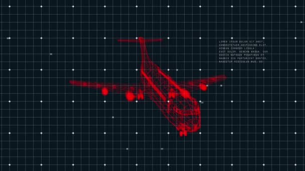 3Dレッド航空機のアニメーション黒の背景に白いグリッド上の航空交通制御ナビゲーションシステムのデータ処理とスキャン範囲で回転技術図面 — ストック動画