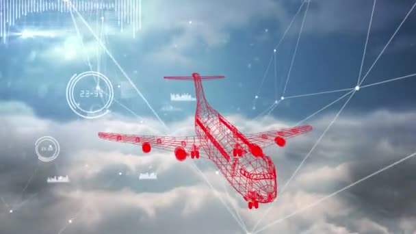 Animasi Red Airplane Gambar Teknis Berputar Dengan Jaringan Koneksi Sistem — Stok Video