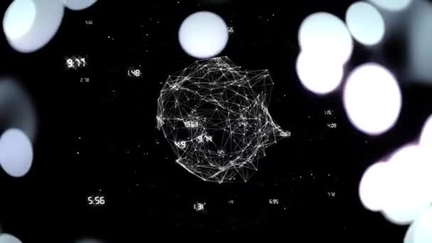 複数のリンクのネットワークのアニメーションは 地球を形成し 黒の背景に光の白い斑点で回転します デジタルコンピュータインタフェース通信と接続概念デジタル生成された画像 — ストック動画