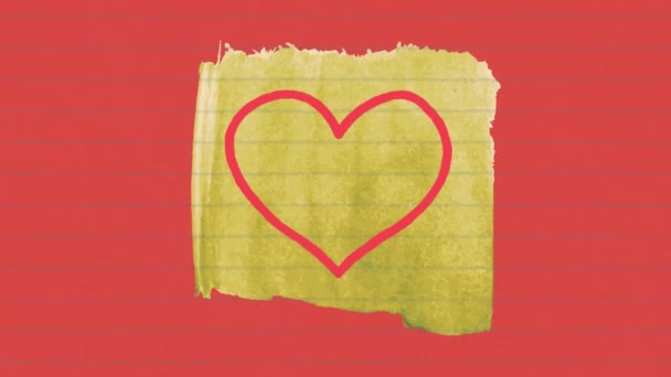 Kırmızı Arkaplanda Sarı Çizgili Kağıt Üzerine Çizilmiş Kırmızı Çizgili Kalp — Stok video