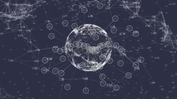 Animacja Sieci Połączeń Wielu Ikon Interfejsu Tworzących Globus Wirujących Czarnym — Wideo stockowe