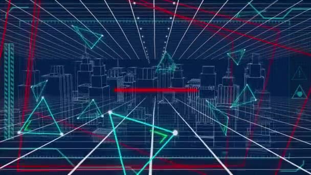 Animatie Van Gloeiende Turkoois Driehoeken Flikkeren Informatie Stroomt Een Architectonisch — Stockvideo