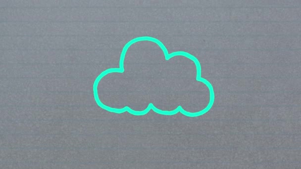 蓝色轮廓的动画云彩图标手绘灰色背景标记 全球数字通信和社交网络概念数字组合 — 图库视频影像