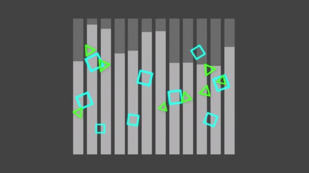 Animacja Szarych Statystyk Wykresów Rejestrujących Ruchomymi Zielonymi Niebieskimi Kwadratami Trójkątami — Wideo stockowe
