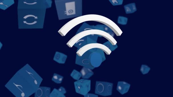 Animación Icono Recepción Wifi Blanco Con Múltiples Iconos Digitales Azules — Vídeo de stock