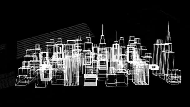 基于三维建筑模型的现代城市黑色背景旋转数据处理与统计记录动画 — 图库视频影像