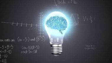 3D insan beyninin, bilimsel matematiksel formüllerin üzerinde siyah arkaplan üzerine yazılmış ampulün içinde kusursuz bir döngü içinde dönmesinin animasyonu. Tıp nörolojisi ve küresel bilim konsepti dijital olarak oluşturulmuş görüntü.