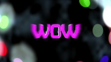 Wow kelimesinin animasyonu pembe metalik harflerle yazılmış yüzen çok renkli parçacıklar üzerine yazılmış siyah arkaplanda ışık lekeleri. Bilgisayar oyunu ekran ve dijital arayüz kavramı dijital olarak oluşturuldu.