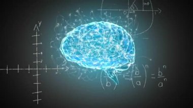 Gri arkaplanda yazılı bilimsel formül el üzerinde kusursuz döngü içinde dönen üç boyutlu insan beyni ve pleksus yapısının animasyonu. Tıp nörolojisi ve küresel bilim konsepti dijital olarak oluşturulmuş görüntü.
