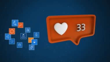 Kalp ikonu olan turuncu konuşma baloncuğunun animasyonu ve sıfırdan yüze kadar büyüyen sayılar, çoklu arayüz simgelerinin bağlantıları bir küre oluşturup mavi arkaplanda dönüyor.