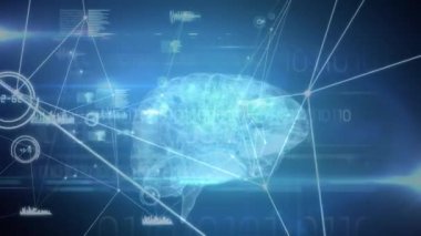 Parlak mavi arka planda, tıbbi veri işleme ve kaydetme ağıyla üç boyutlu insan beyninin animasyonu. Coronavirus Covid19 testi