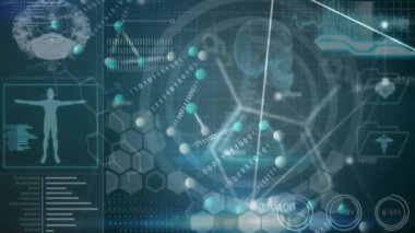 Yeşil arka plandaki kimyasal bileşiklerin tıbbi veri işleme ve yapısal formülleriyle ekranların üzerinde dönen çift sarmal DNA ipliklerinin animasyonu. Tıp nörolojisi ve küresel bilim konsepti dijital olarak oluşturulmuş görüntü.