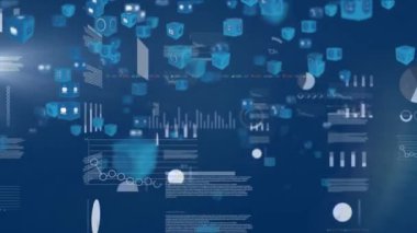 Yüzen ve veri işleme ve mavi zemin üzerinde dönen çoklu arayüz dijital simgelerinin animasyonu. Dijital bilgisayar arayüzü iletişimi ve bağlantı konsepti dijital olarak oluşturuldu.