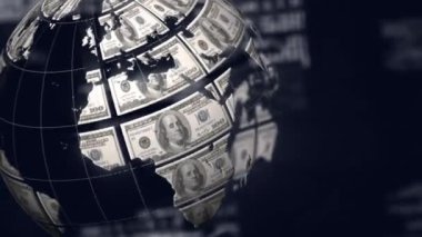 Mavi arka planda dönen, veri işleme ve kaydırma yapan Amerikan dolarlarıyla yapılan küre animasyonu. Küresel finans ve dijital bilgisayar arayüzü iletişimi ve bağlantı konsepti dijital olarak oluşturuldu.