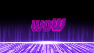 Arka planda hipnotik hareketlerle hareket eden mor ışık yollarının üzerine pembe ve mor harflerle yazılmış Wow kelimesinin animasyonu. Bilgisayar oyunu ekran ve dijital arayüz kavramı dijital olarak oluşturuldu.