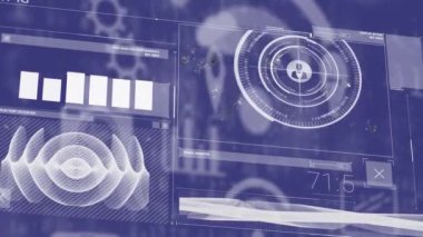 Dijital arayüz bilgisayar simgelerinin animasyonu, kapsam taraması ve mor arkaplanda veri işleme. Dijital bilgisayar arayüzü iletişimi ve bağlantı konsepti dijital olarak oluşturuldu.