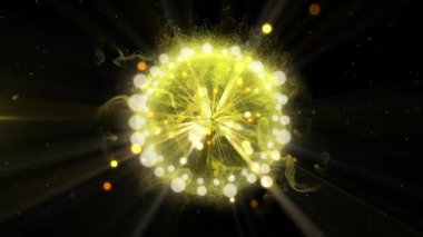 Siyah zemin üzerinde akan bilgi ve bağlantıların altın parıldayan parçacıklarının patlamasının animasyonu. Dijital bilgisayar arayüzü iletişimi ve bağlantı konsepti dijital olarak oluşturuldu.