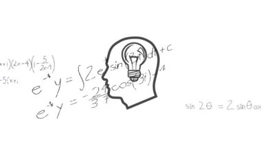 Beyaz arka planda yazılı bilimsel formülün üzerinde ampul bulunan insan kafasının ana hatlarının animasyonu. Coronavirus Covid19 testi