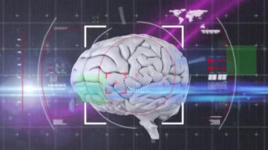 Kapsamlı taramalı 3D insan beyni animasyonu ve karanlık arka planda tıbbi veri işleme üzerinde dünya haritası. Coronavirus Covid19 testi