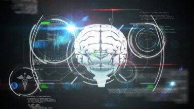 3D insan beyni animasyonu. Parlayan siyah arka planda veri işleme üzerinde tarama ve döndürme. Coronavirus Covid19 testi