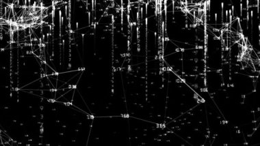 Kara arkaplanda akan bilgi ve veri işleme ağı animasyonu. Dijital bilgisayar arayüzü iletişimi ve bağlantı konsepti dijital olarak oluşturuldu.