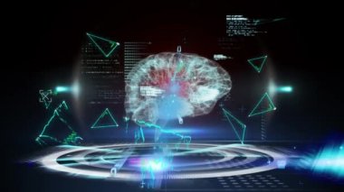 Veri işleme, ikili kodlama ve siyah arkaplandaki yeşil üçgenlerle bağlantı ağı üzerinden üç boyutlu insan beyninin animasyonu. Coronavirus Covid19 testi