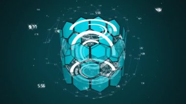 Veri işleme alanının animasyonu ve mavi arkaplanda dönen altıgenlerle silindir oluşturulmuş istatistik kaydı. Dijital bilgisayar arayüzü iletişimi ve bağlantı konsepti dijital olarak oluşturuldu.