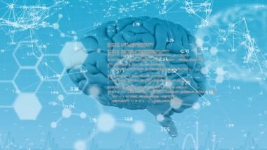 Tıbbi veri işleme ve mavi zemin üzerindeki kimyasal bileşiklerin yapısal formülleri üzerinden 3D mavi insan beyninin animasyonu. Coronavirus Covid19 testi