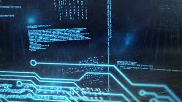 黒の背景にコンピュータ回路基板処理情報と青のデータスクロールや統計記録のアニメーション デジタルコンピュータインタフェース通信と接続概念デジタル生成された画像 — ストック動画