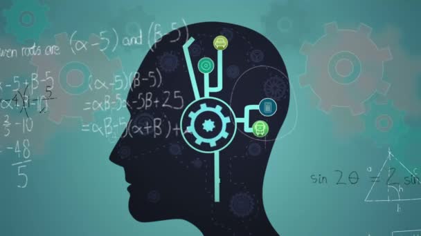 Animação Cabeça Humana Com Rede Conexões Dentro Sobre Fórmulas Matemáticas — Vídeo de Stock