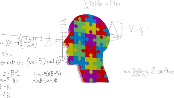 Animering Mänskligt Huvud Bildas Med Färgglada Pusselbitar Över Vetenskapliga Matematiska — Stockvideo