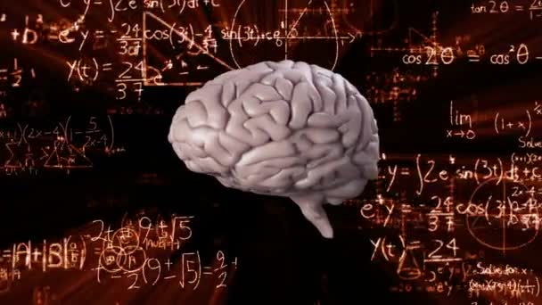 黒の背景に書かれた科学的な数式の手の上にシームレスなループで回転3D人間の脳のアニメーション 医学神経学とグローバル科学の概念は デジタル画像を生成します コロナウイルスCovid19試験 — ストック動画