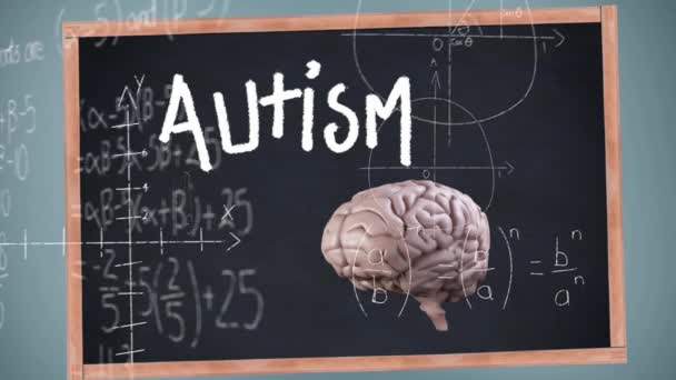 在学校黑板上写着自闭症这个词的动画 3D人脑用科学的数学公式手写着背景 医学神经学和全球科学概念数字生成图像 — 图库视频影像