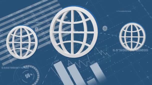 Animazione Cinque Profili Bianchi Globi Mappamondo Elaborazione Dati Registrazione Statistica — Video Stock