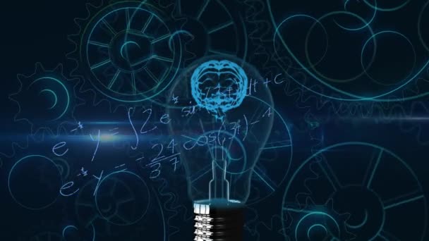 青色の背景に書かれた科学的な数学式の上に電球の3D青人間の脳のアニメーション 医学神経学とグローバル科学の概念デジタル生成された画像 — ストック動画