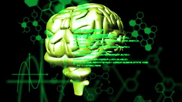 Animation Green Glowing Human Brain Rotating Seamless Loop Medical Data — Stock Video