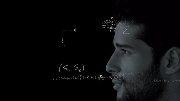 Animação Perfil Face Homem Sobre Formas Geométricas Fórmulas Matemáticas Científicas — Vídeo de Stock