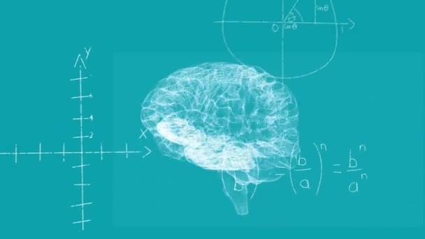 Animación Del Cerebro Humano Girando Bucle Sin Fisuras Sobre Fórmulas — Vídeo de stock