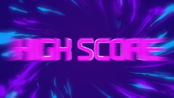 紫の上にピンクの金属文字で書かれた高得点と紫の背景に光の青線のアニメーション ビデオゲーム画面とデジタルインターフェイスの概念デジタル生成された画像 — ストック動画