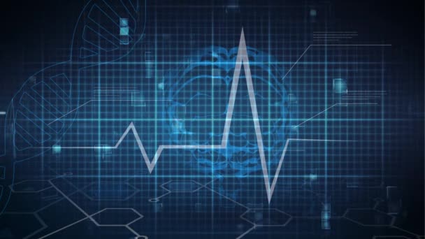 Animation Human Brain Dna Strand Heart Beat Rate Monitor Data — Stock Video