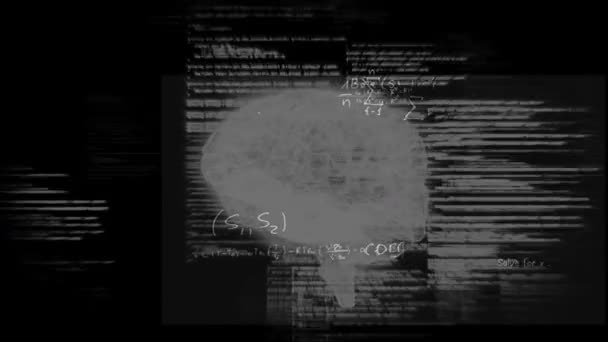Animation du cerveau humain 3D tournant en boucle transparente sur le traitement des données et les formules mathématiques scientifiques écrites à la main sur fond noir. Test de Coronavirus Covid19 