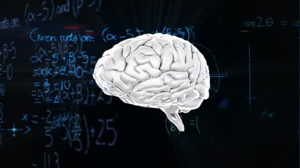 Animação Cérebro Humano Girando Loop Sem Costura Sobre Fórmulas Matemáticas — Vídeo de Stock