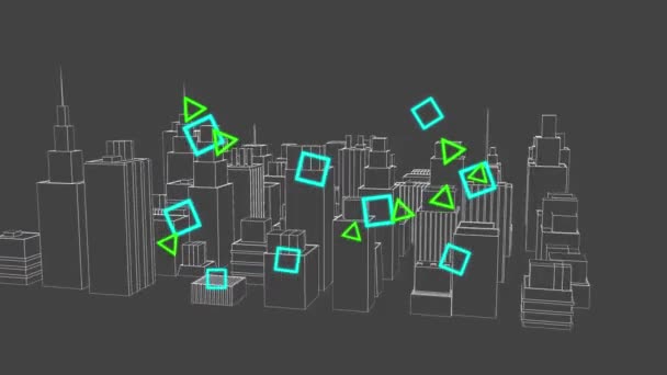 灰色の背景に回転する現代都市の3D建築モデルで流れるデータ処理とカラフルな幾何学的形状のアニメーション デジタルコンピュータインタフェース通信と接続概念デジタル生成された画像 — ストック動画