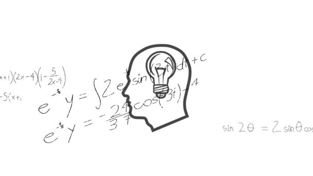 Animação Esboço Cabeça Humana Com Lâmpada Dentro Sobre Fórmulas Matemáticas — Vídeo de Stock