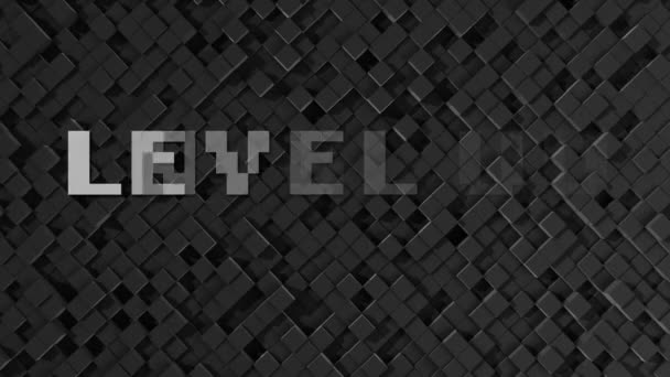 Анимация Слов Level Написанных Белыми Пиксельными Буквами Поверх Серого Рисунка — стоковое видео