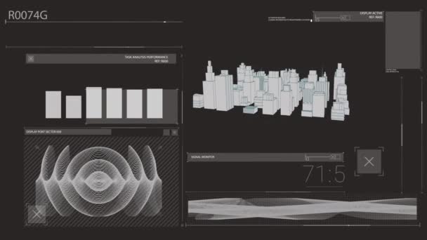范围扫描 数据处理动画和灰色背景下的3D建筑城市绘图 数字计算机接口通信和连接概念数字生成的图像 — 图库视频影像